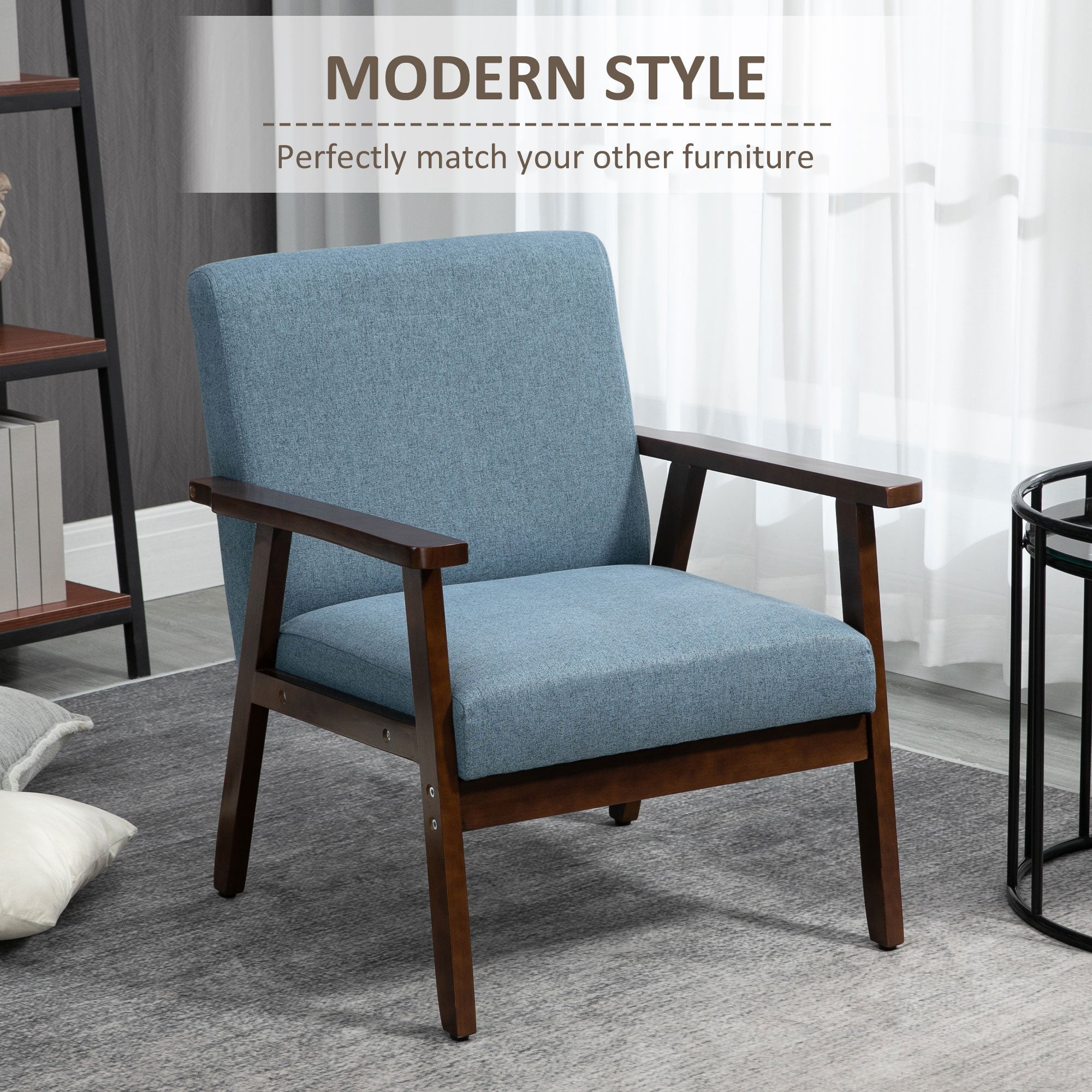 HOMCOM Modern Linen Armchair: Cushioned Seat, Wood Legs, Bedroom/Living Room, Blue