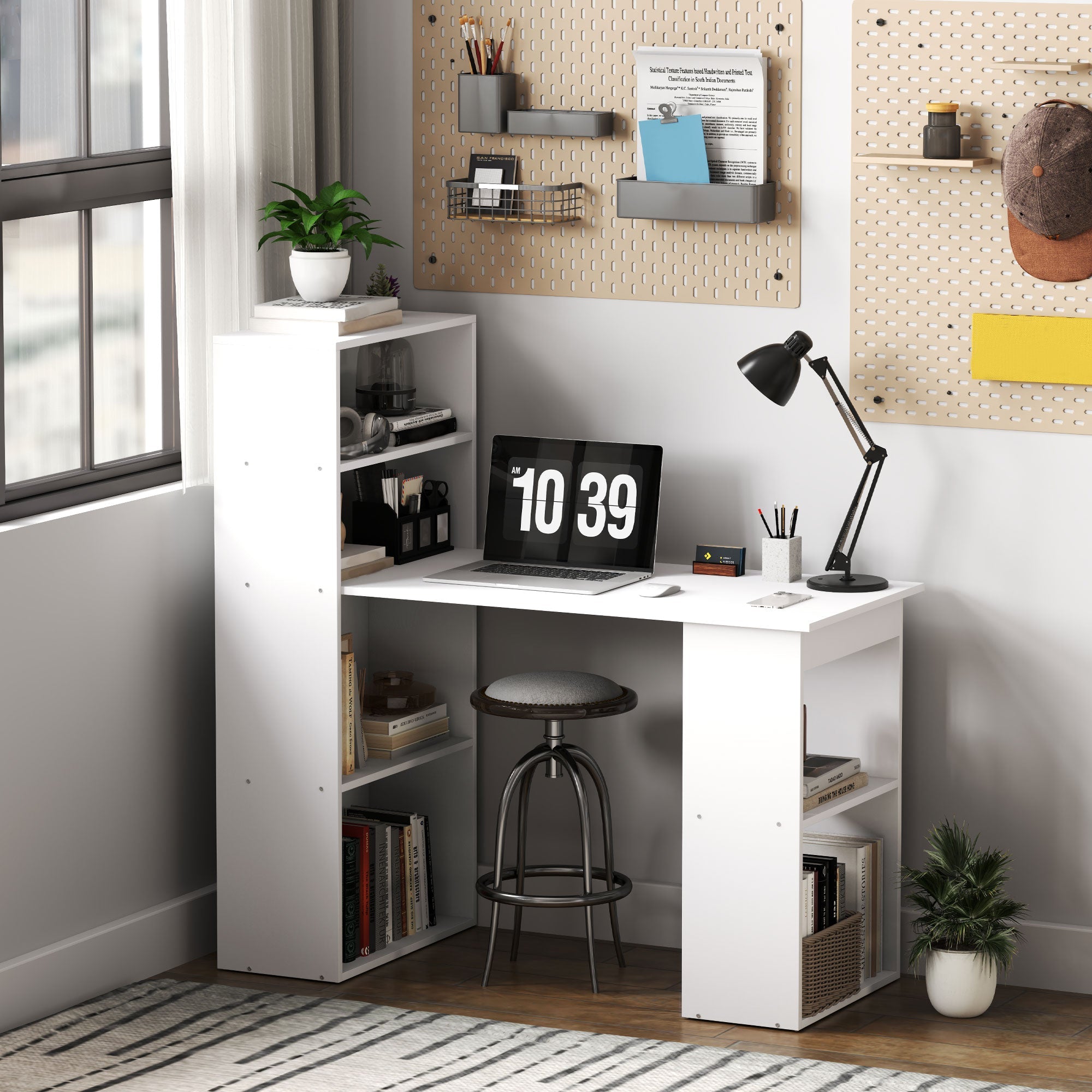 HOMCOM 6-Tier Compact Desk: Writing Table, Workstation & Bookshelf for Home Office Study in White