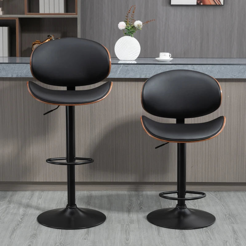 Bar Stools Set of 2, Modern PU Leather Adjustable Swivel Barstools with Curved Back, Footrest and Steel Base, Black