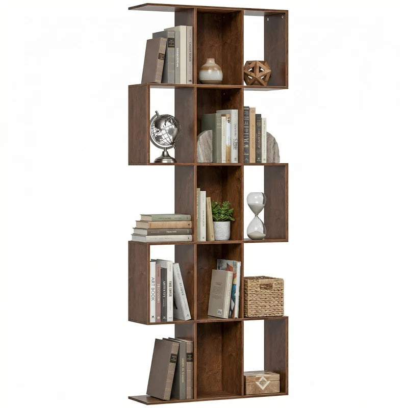 5-Tier Bookshelf, S Shaped Geometric Bookcase with 15 Compartments, Black Wood Grain