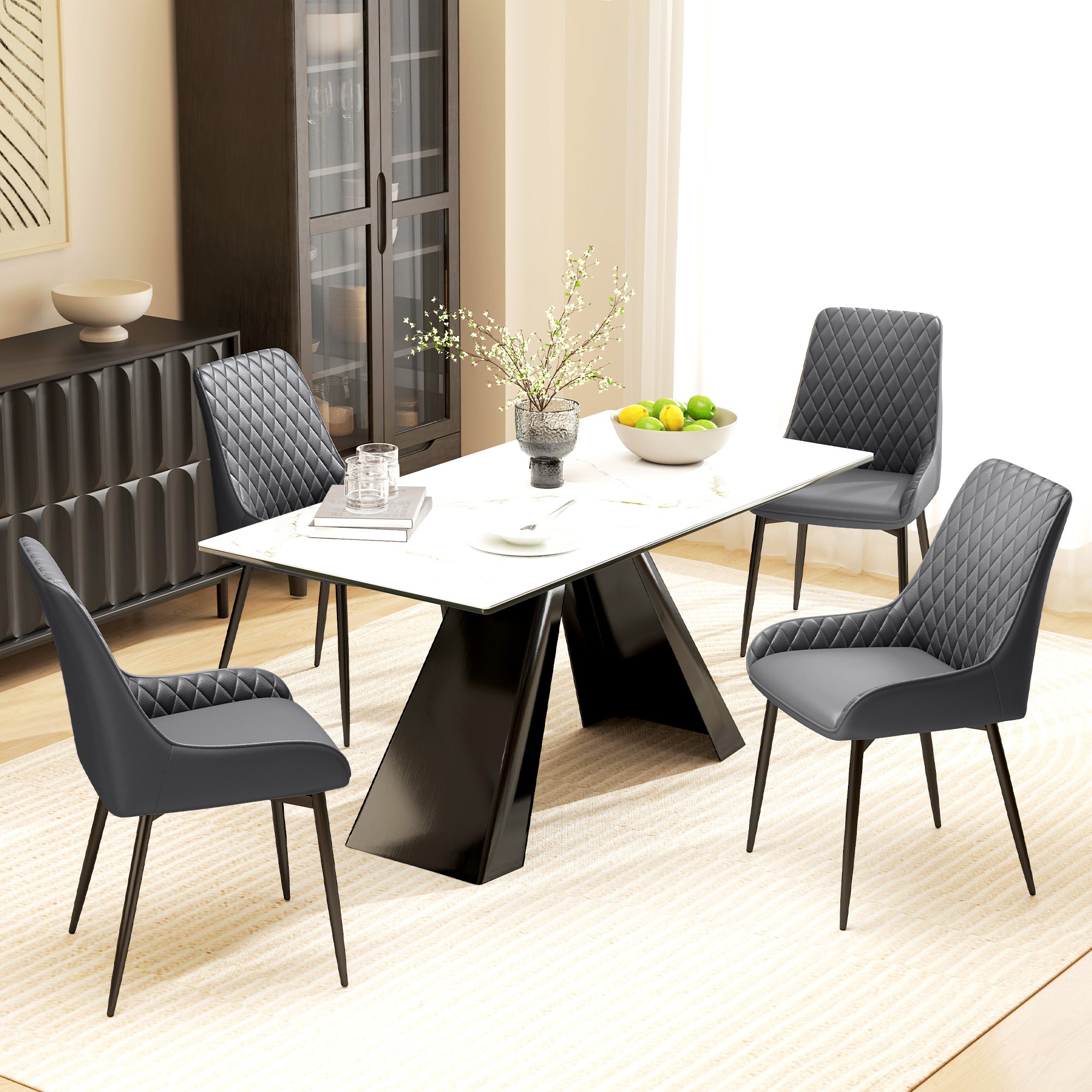 HOMCOM Mid-Century Dining Chair Pair: Grey PU Leather Padded Seats, Metal Legs, Modern for Kitchen Home Office