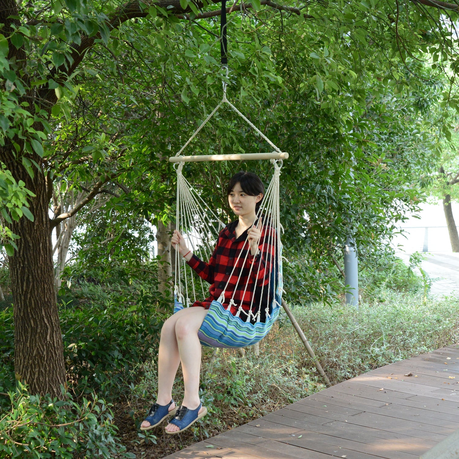 Outsunny Portable Rope Hammock Chair Woven Hanging Swing Seat Outdoor Garden Yard Camping Blue