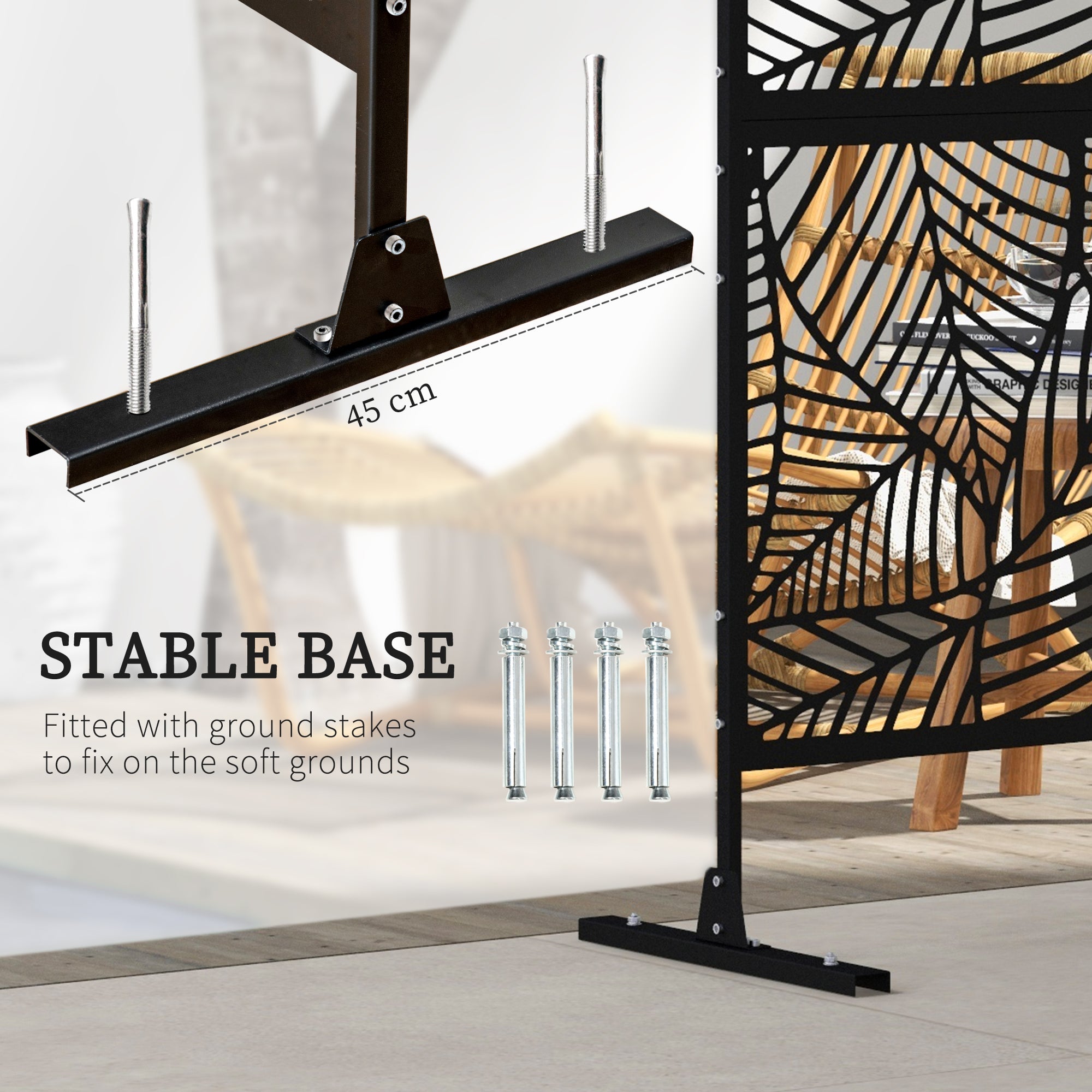 Outsunny 6.5FT Decorative Outdoor Divider, Metal Privacy Screen with Stand, Large Leaf Style, Black