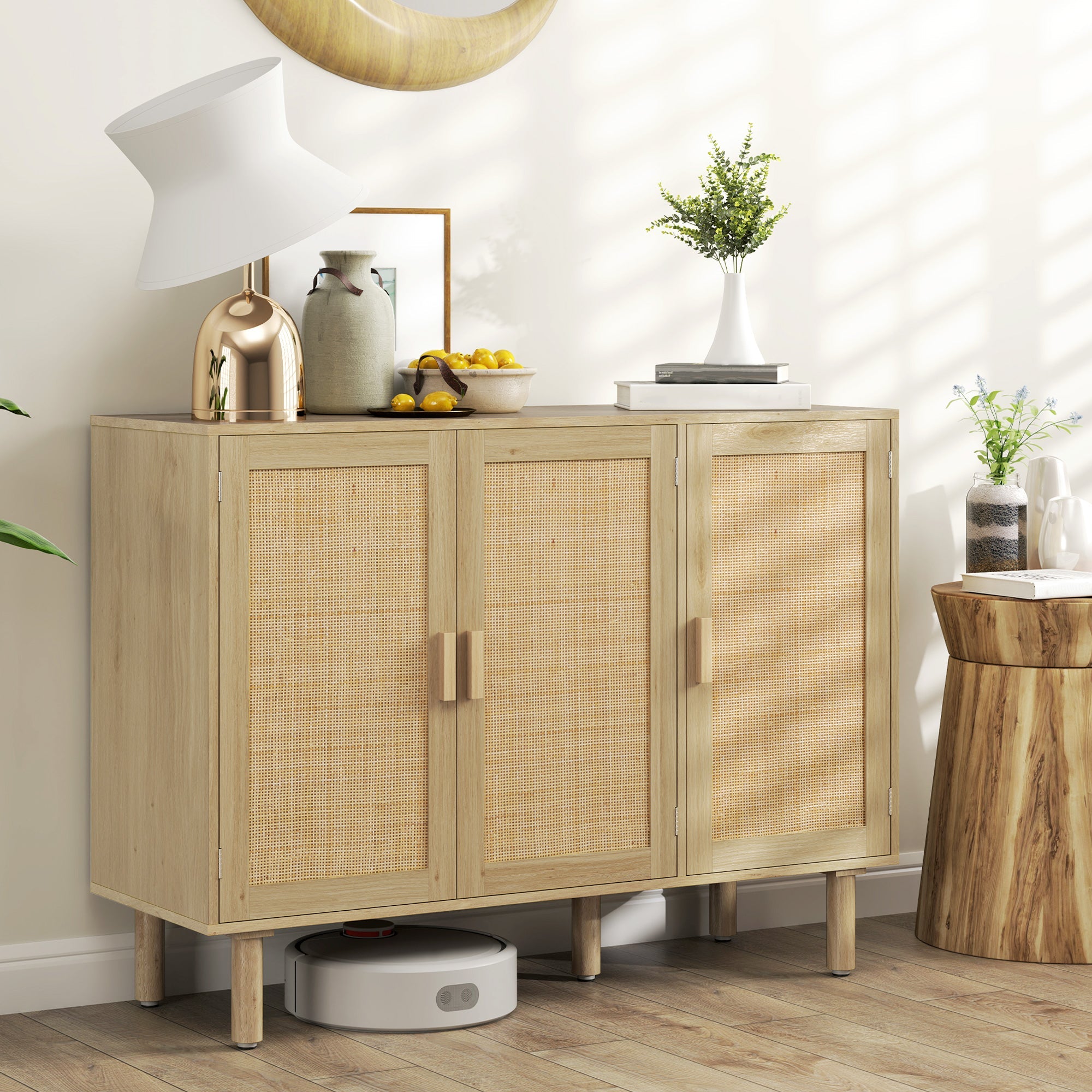 HOMCOM Bohemian Sideboard, 46.9" Buffet Cabinet with 3 Rattan Doors and Shelves for Living Room, Hallway, Oak