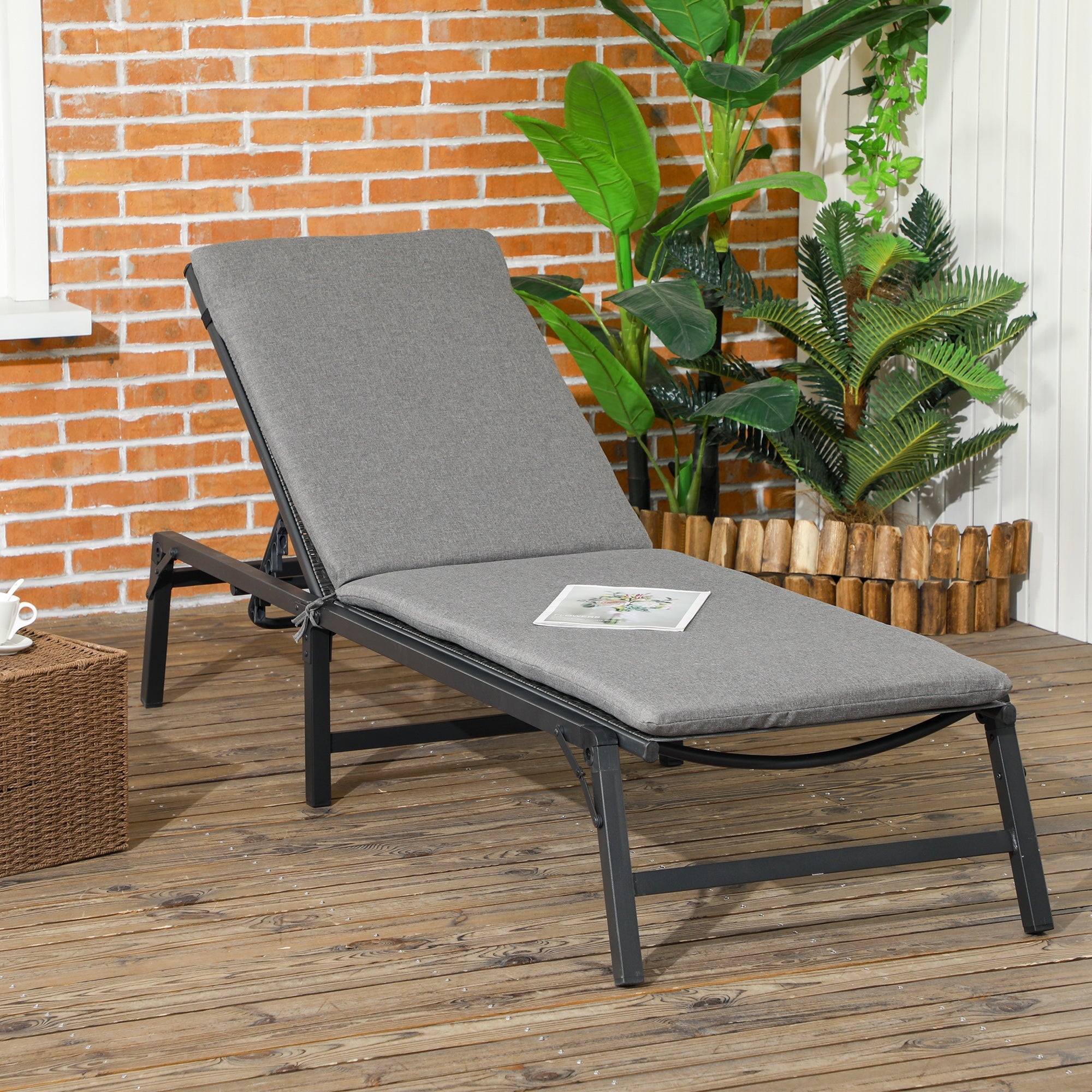 Outsunny Foldable Patio Recliner Chair with Cushion, 5-Level Adjustable Backrest, Compact Outdoor Lounger, Grey