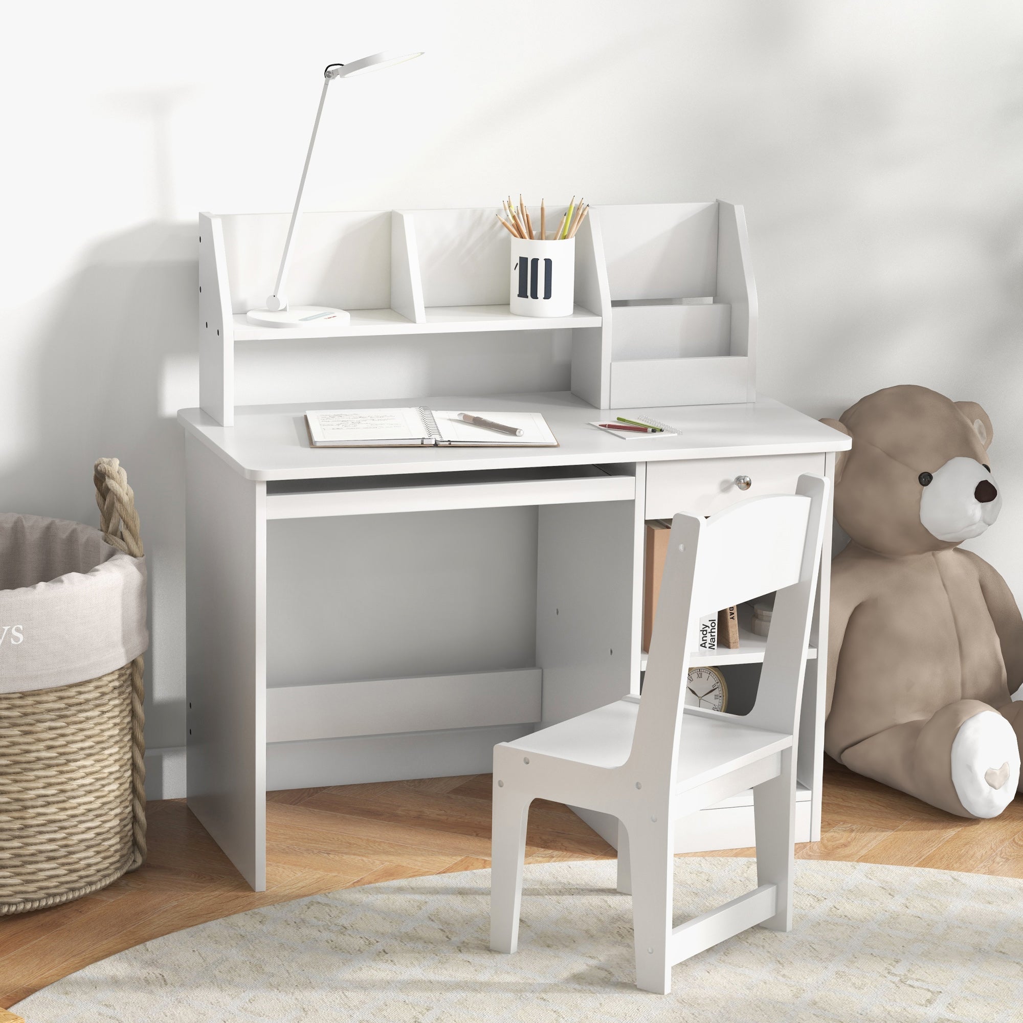 Qaba Kids Desk and Chair Set for 5-8 Year Old with Storage Study Table and Chair for Children White