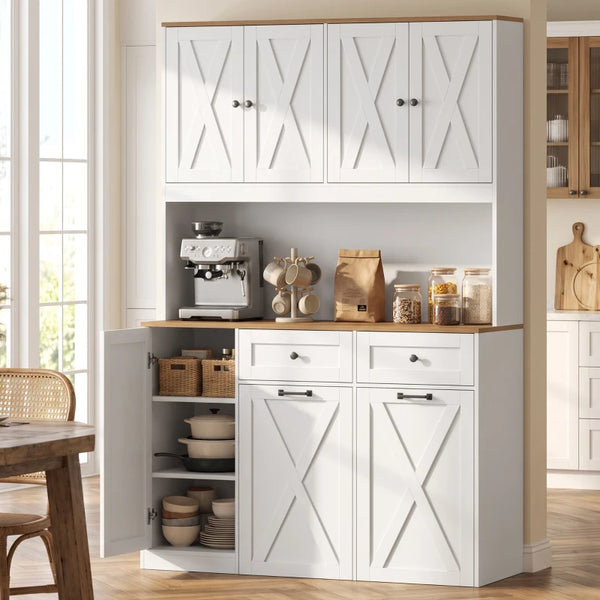 71" Farmhouse Pantry Cabinet with Double Pull-Out Trash Bins and Charging Station – White and Brown