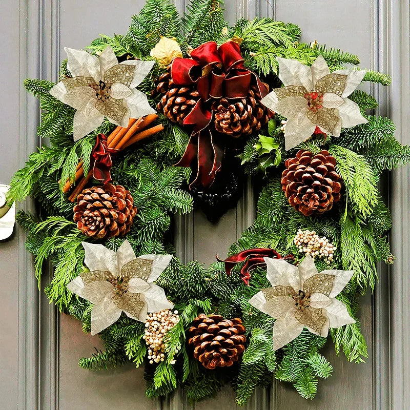 10/5PCS Christmas Decor Artificial Flower Gold Red Xmas Tree Ornaments Big Flower Heads for Home New Year Navidad Party Decor