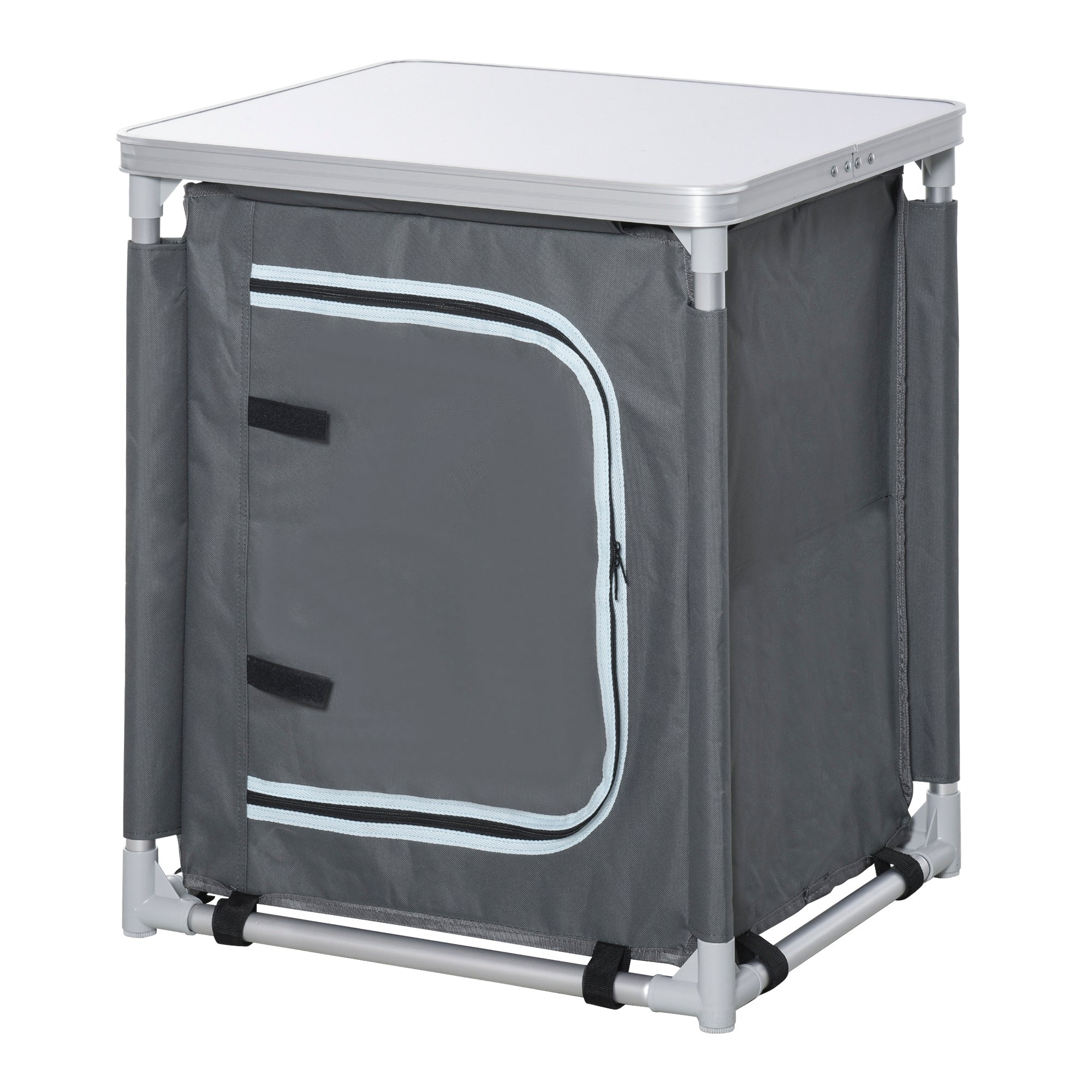 Outsunny Camping Kitchen Station, Aluminum Camping Table Cook Cupboard with 2-Shelf and Carrying Bag for BBQ Party Picnics, Grey