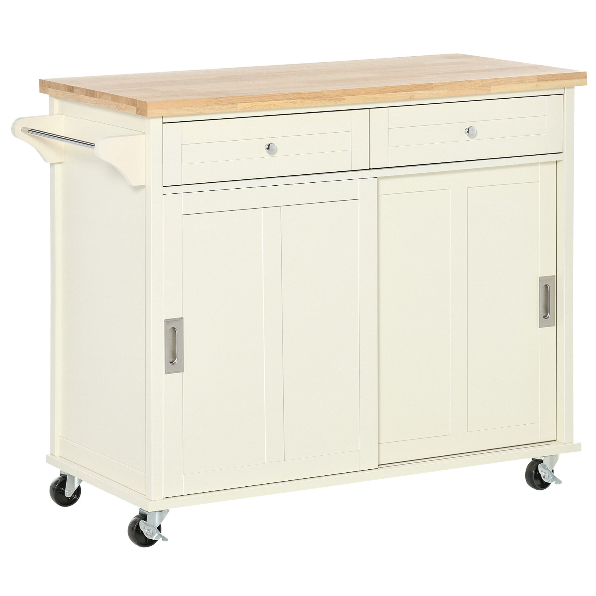 HOMCOM Kitchen Cart on Wheels Rubberwood Top 2 Drawers Towel Rack Cream White Versatile Furniture Storage Rolling Island