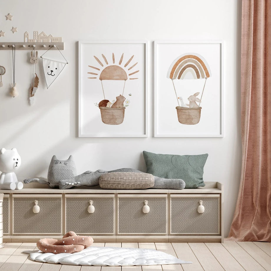 Boho Nursery Wall Art – Sun, Red Balloon, Hedgehog, Bear, Rabbit Canvas Painting, Posters and Print, Baby Kids Room Decor