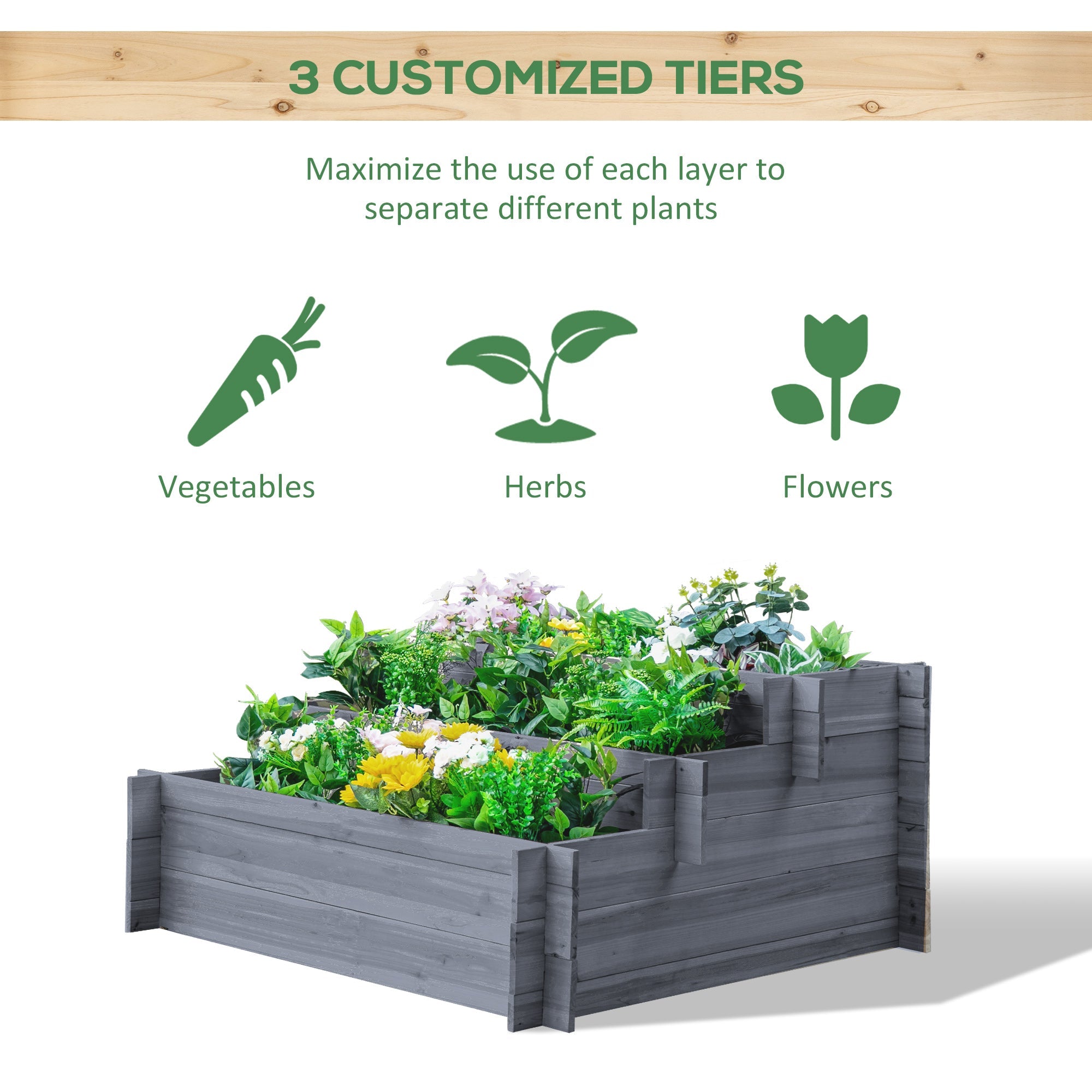 Outsunny 3-Tier Raised Garden Planter Kit Wooden Elevated Planter Boxes Outdoor Vegetable Flower Herb Garden Grey