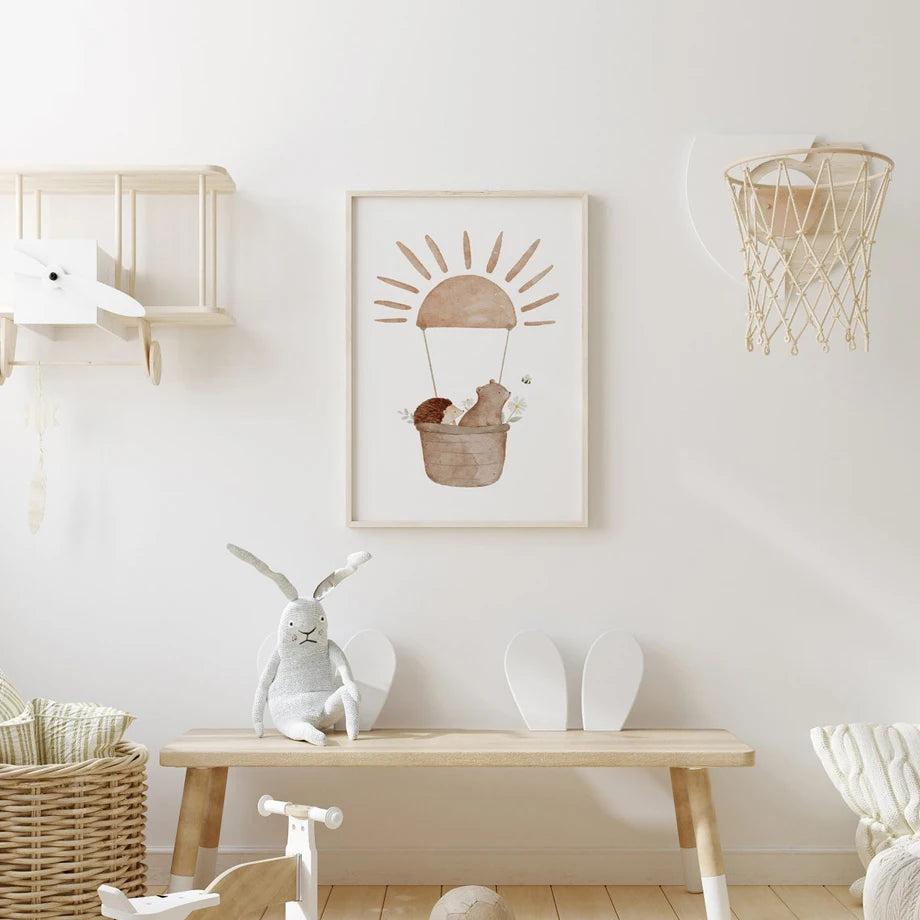 Boho Nursery Wall Art – Sun, Red Balloon, Hedgehog, Bear, Rabbit Canvas Painting, Posters and Print, Baby Kids Room Decor