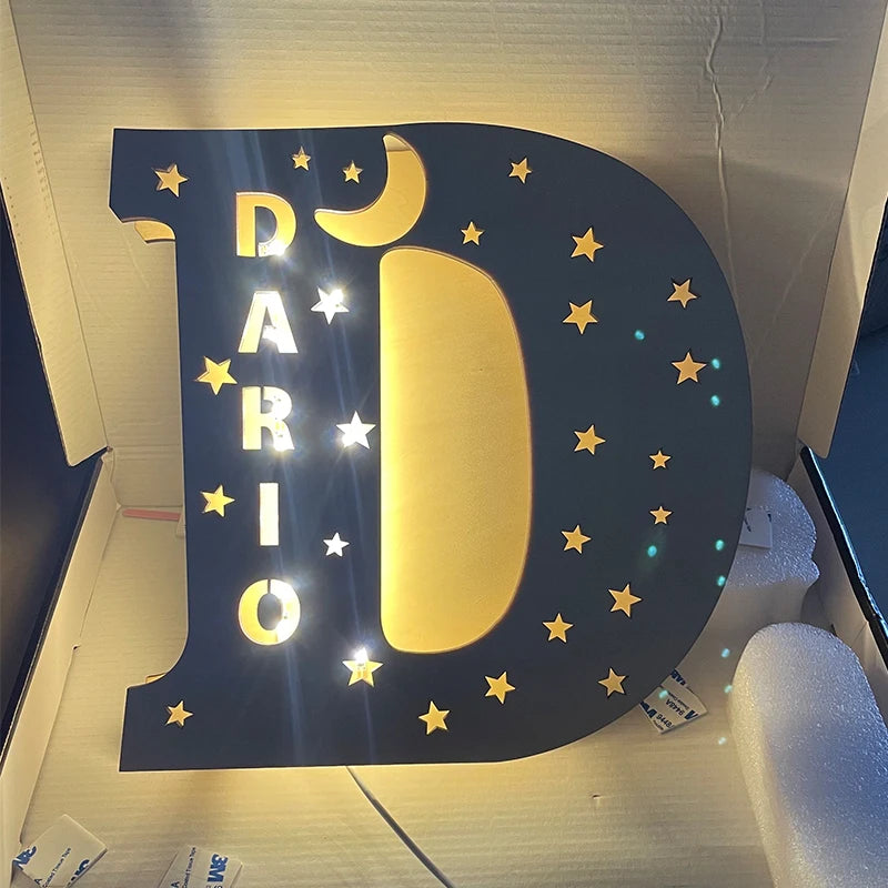 Customized Wall Decor LED Night Light – 24 Letters with Name, Stars and Moon Design, Wooden Sign Lamp, Bedroom Decor, Baby Christmas Kids Gifts