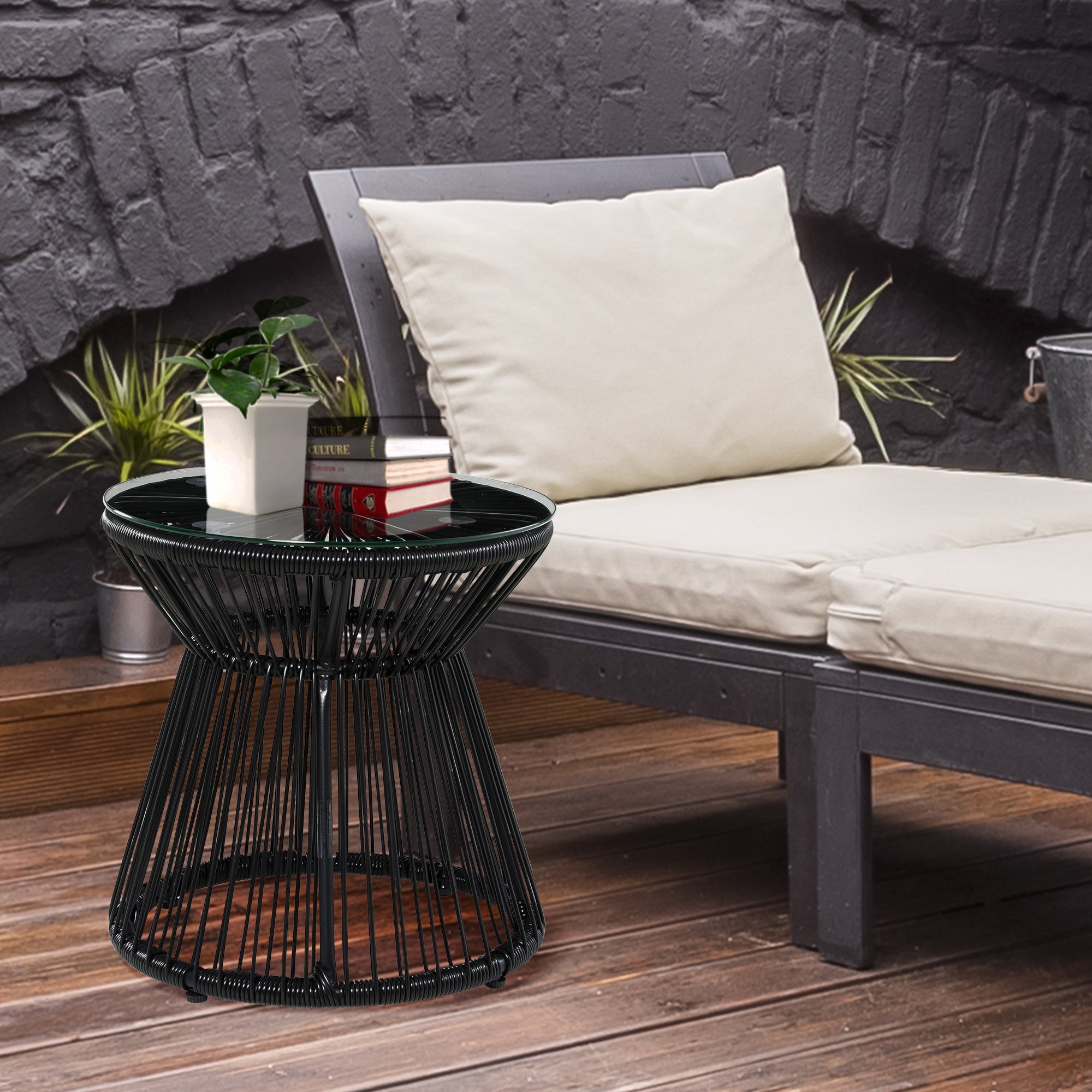 Outsunny Rattan Round End Table Modern Side Table with Glass Top, Hollow Drum Design for Patio, Garden, Balcony in Black