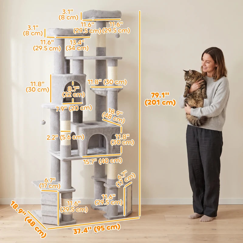 79" Tall Cat Tree for Large Cats with 2 Condos, 2 Beds, Hammock & 5 Scratching Posts