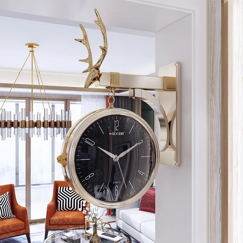 Double-Sided Round Wall Mount Station Clock – Vintage Retro, Double Face Metal Frame with Glass Dial Cover