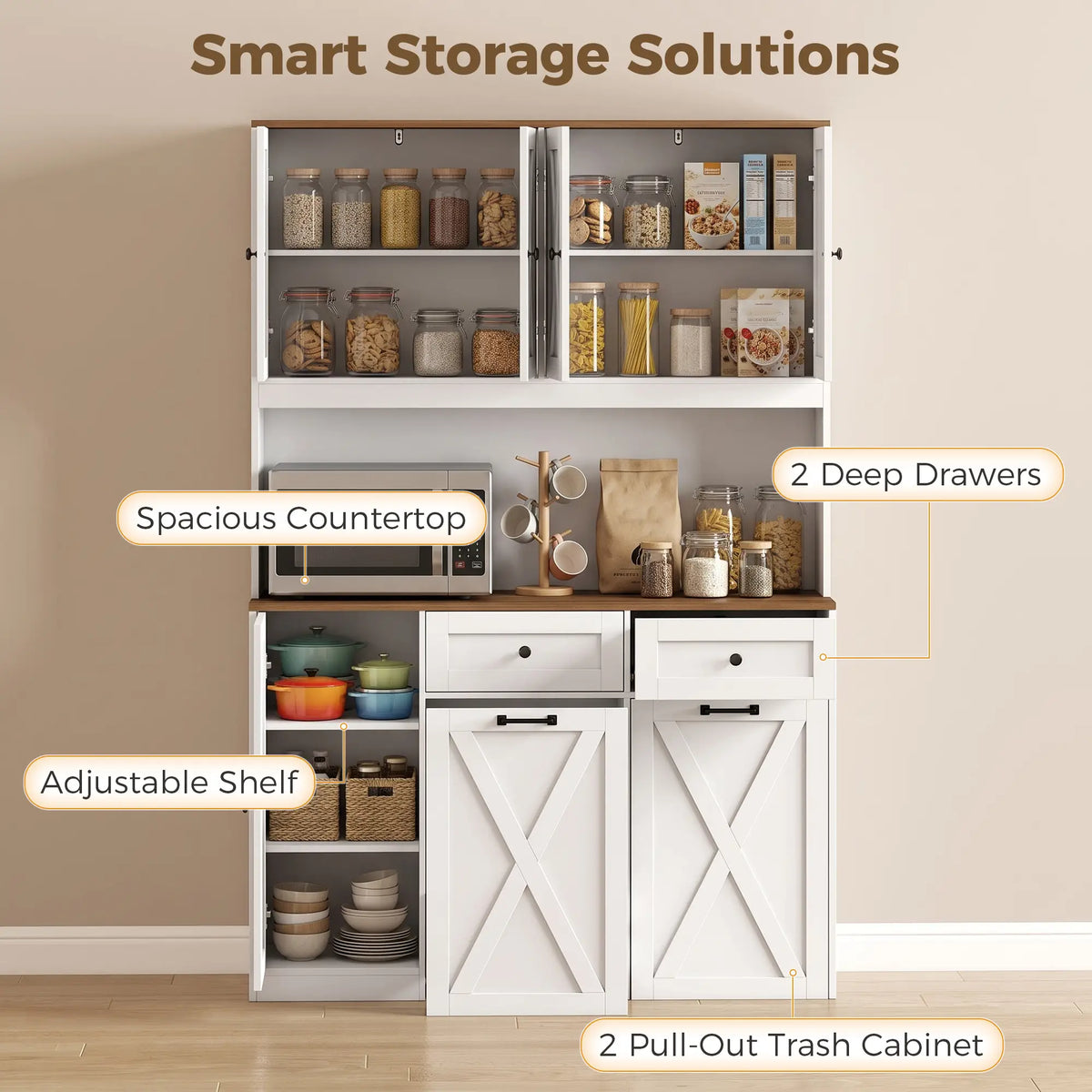 71" Farmhouse Pantry Cabinet with Double Pull-Out Trash Bins and Charging Station – White and Brown
