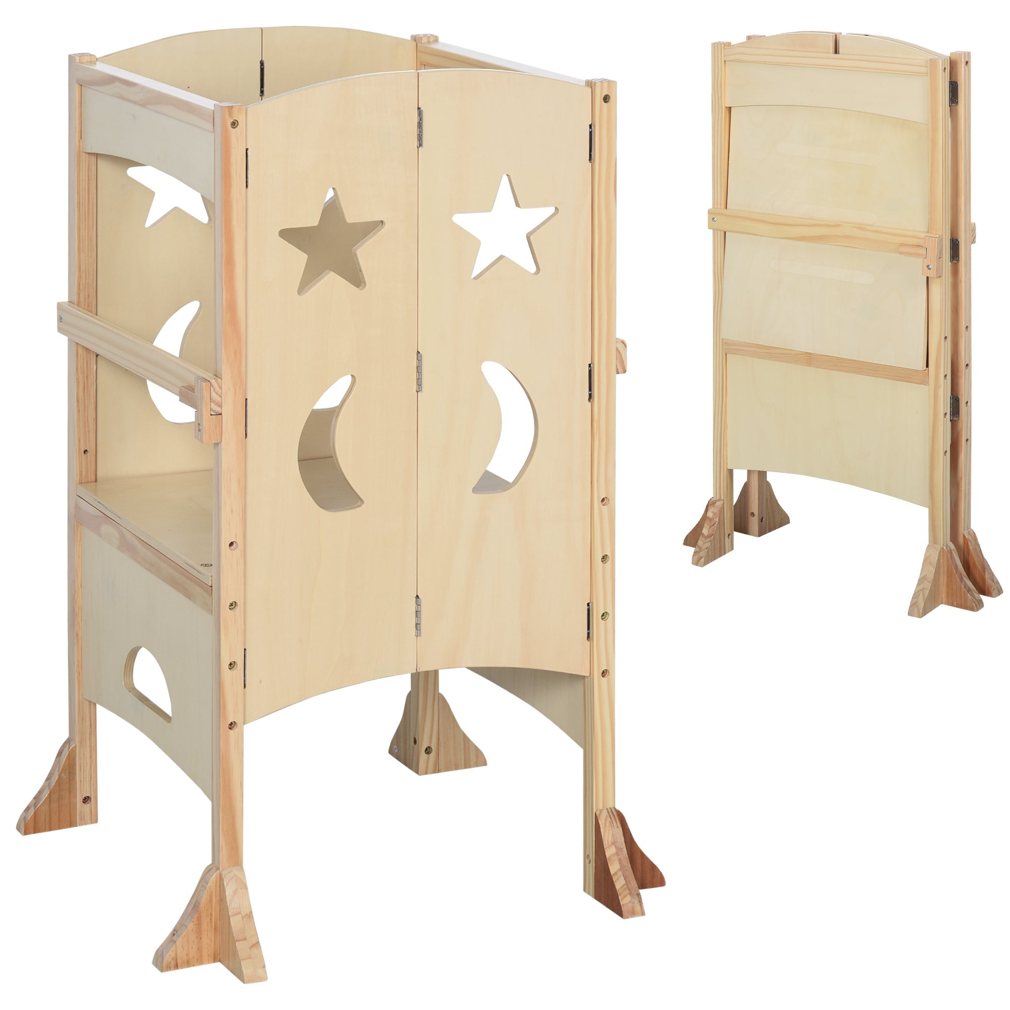 Qaba Step Stool with Support Handles Safety Rail Non-Slip Hardwood Stepping Stool for Kids Toddlers Counter Step Natural