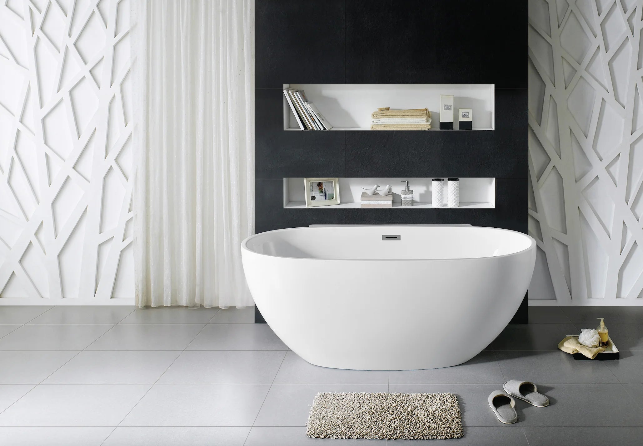 65" Acrylic Center Drain Oval Double Ended Flat bottom Freestanding Bathtub in Glossy White