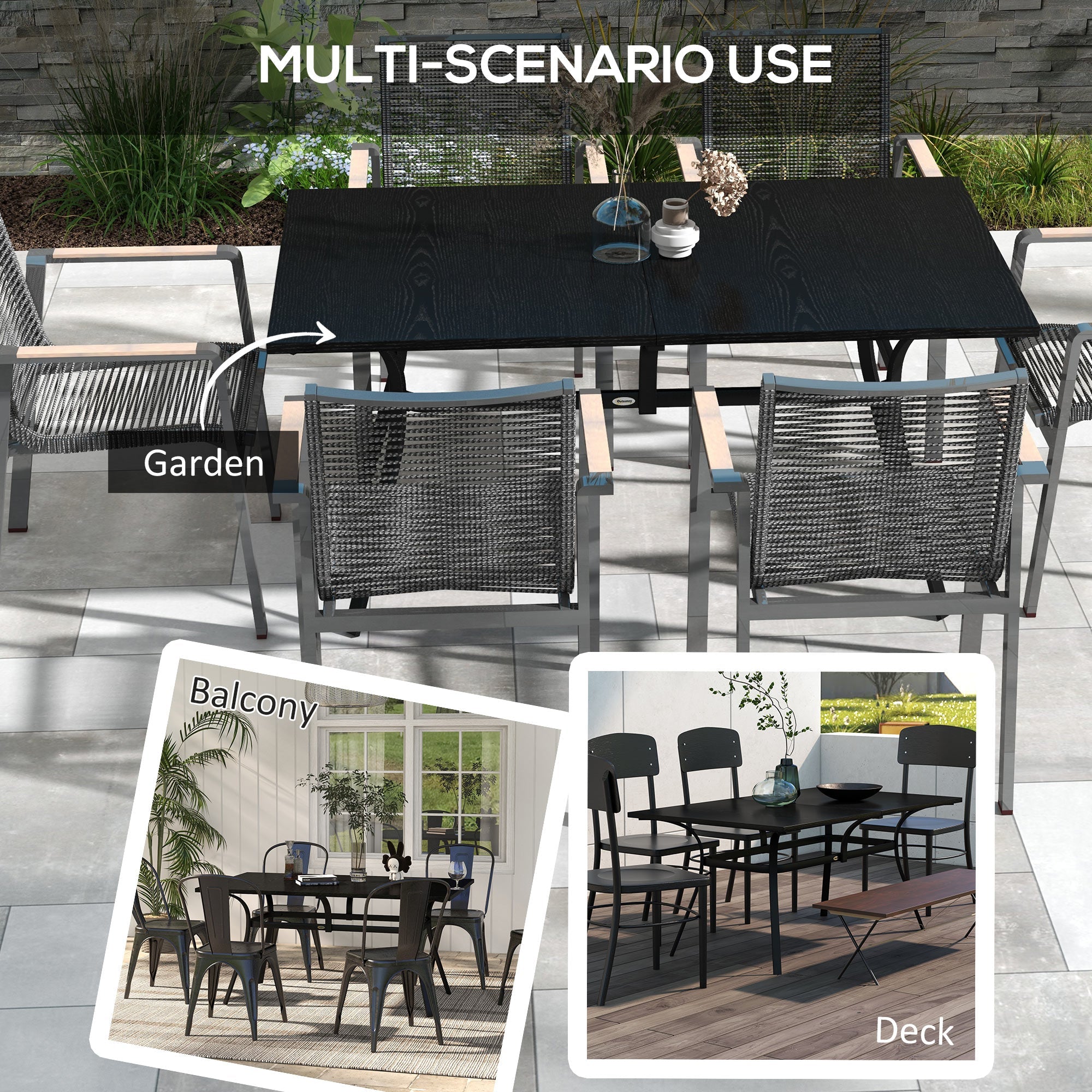 Outsunny Rectangle Patio Dining Table for 6 People with Steel Legs, Metal Tabletop for Garden, Backyard, Lawn, Balcony, Black
