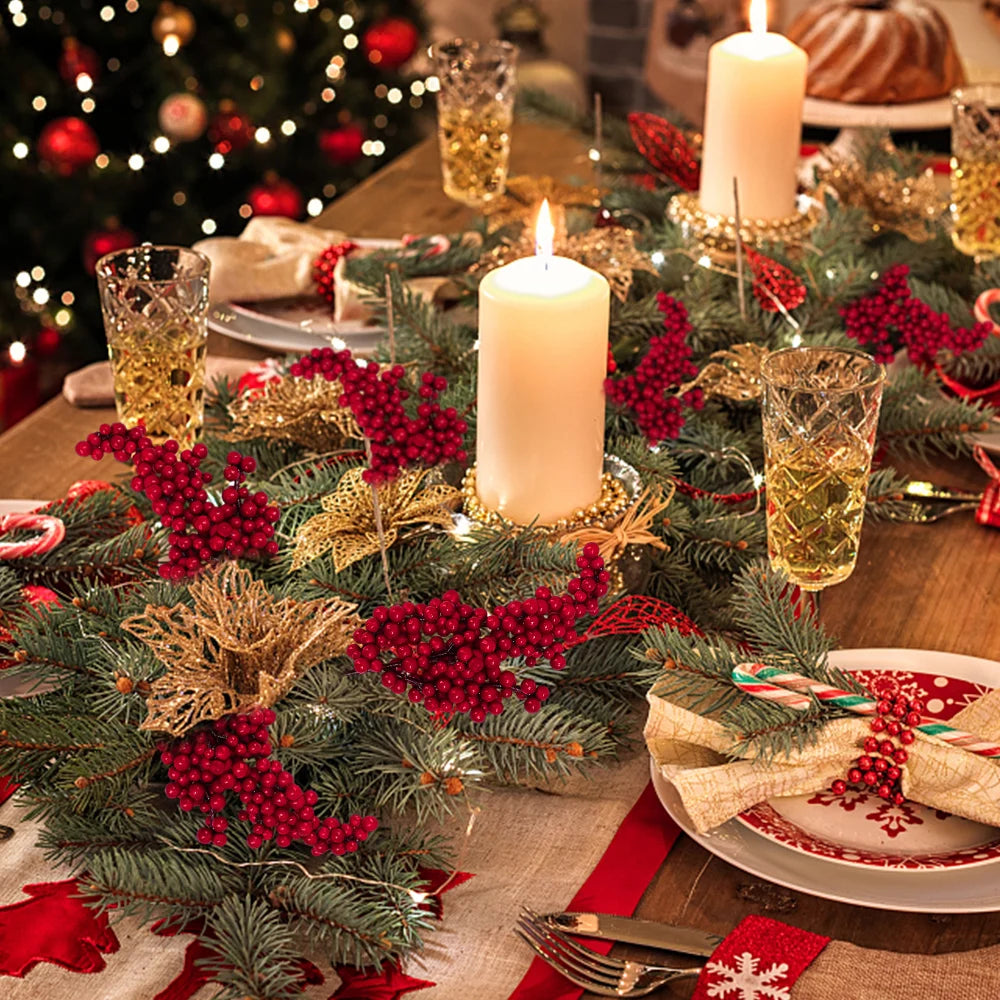 Simulation Red Berry Artificial Christmas Wealth Fruit Branches for Xmas Tree Party Home Table Ornaments Red Fruit Wreath Decor