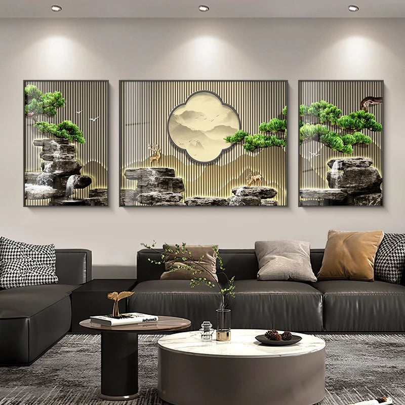 Chinese Art Welcome Pine Landscape Decorative Painting – Wall Decor, Home & Room Aesthetic, No Frame, 3-Piece Set