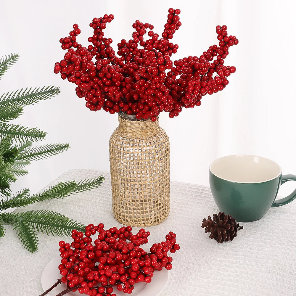 Simulation Red Berry Artificial Christmas Wealth Fruit Branches for Xmas Tree Party Home Table Ornaments Red Fruit Wreath Decor