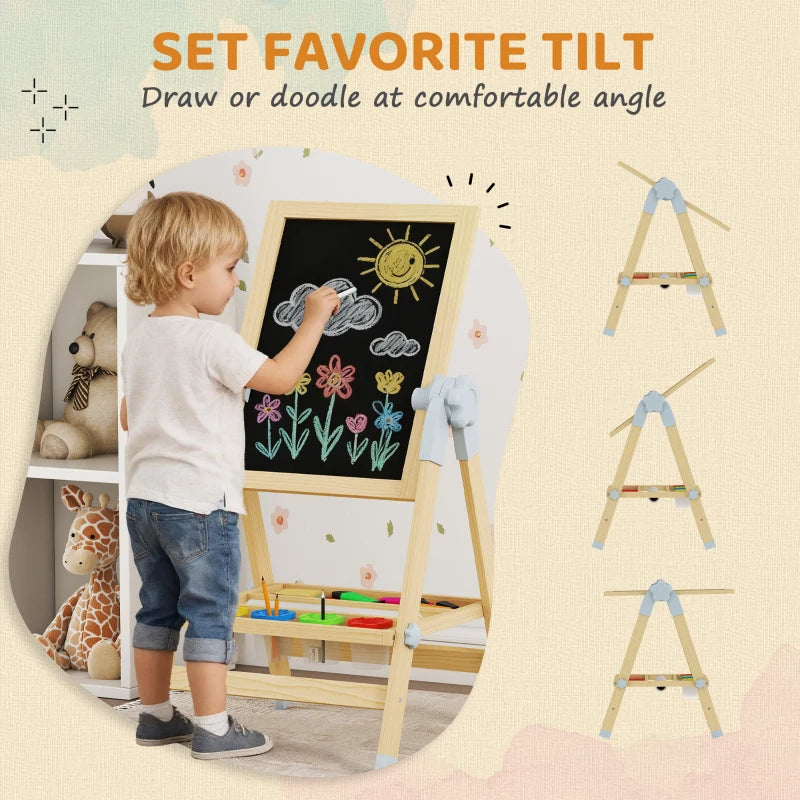 Qaba Wooden Art Easel, Double Sided Kids Easel with Height Adjustable Chalkboard and Magnetic Whiteboard, Natural