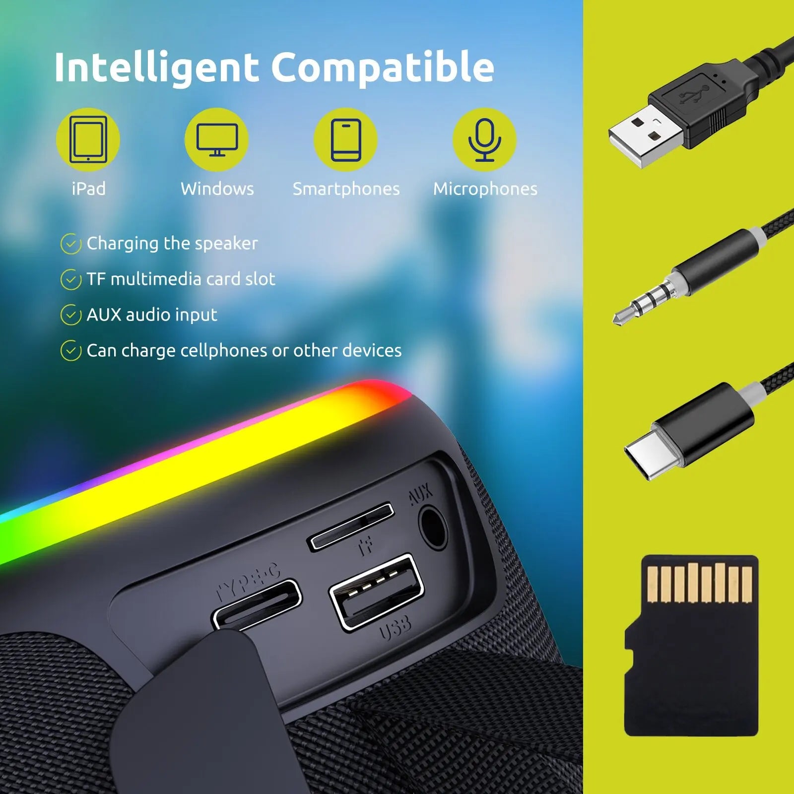 Bluetooth Stereo Speaker with TWS Pairing, LED Lights, Call Function, Radio, Waterproof, TF Card, USB, AUX, Wireless Portable