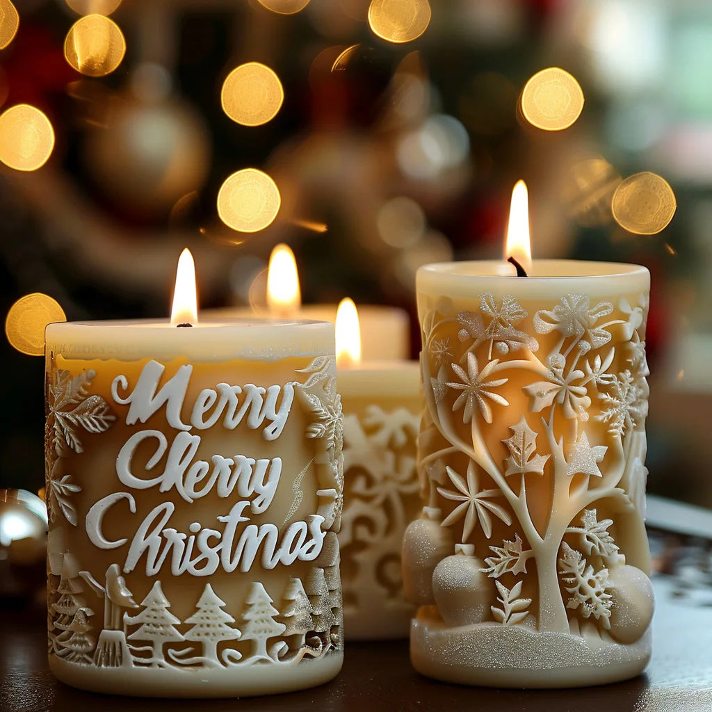 Snowman Snowflakes Pattern Cylinderical Candle Silicone Mold Merry Christmas Phrases Pillar Candle Plaster Mould X-mas Gifts