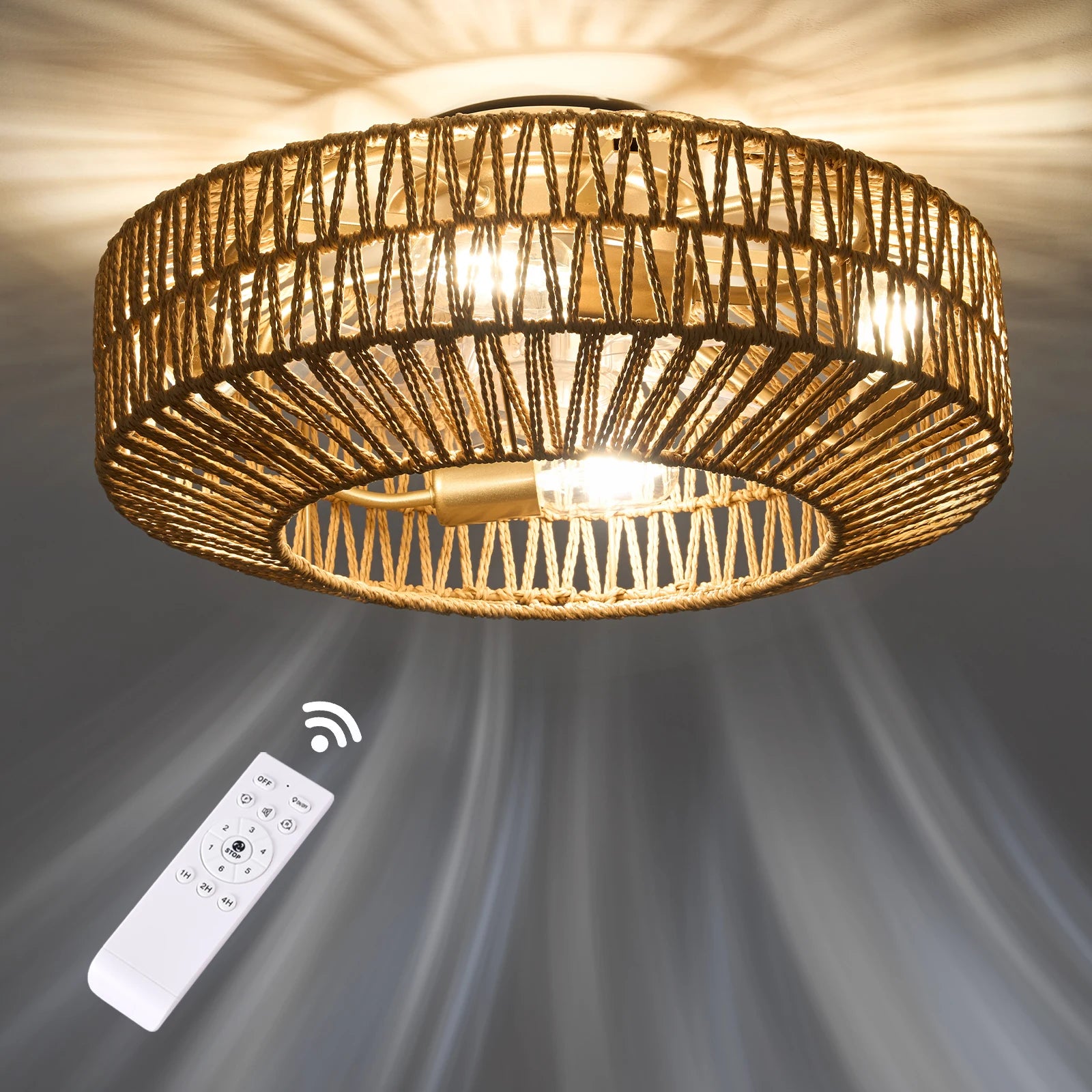 Retro Loft Rattan Ceiling Fan Light – Modern Decor Bedroom Fan Lamp with Remote Controller, Vintage Ceiling Light Fixture