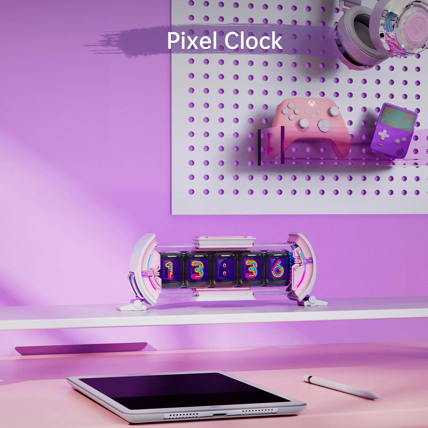 Divoom Times Gate Cute Gaming Digital Clock – Informative Display with Social Media Updates, Pixel Art Display for Gamers Decor (Pink)