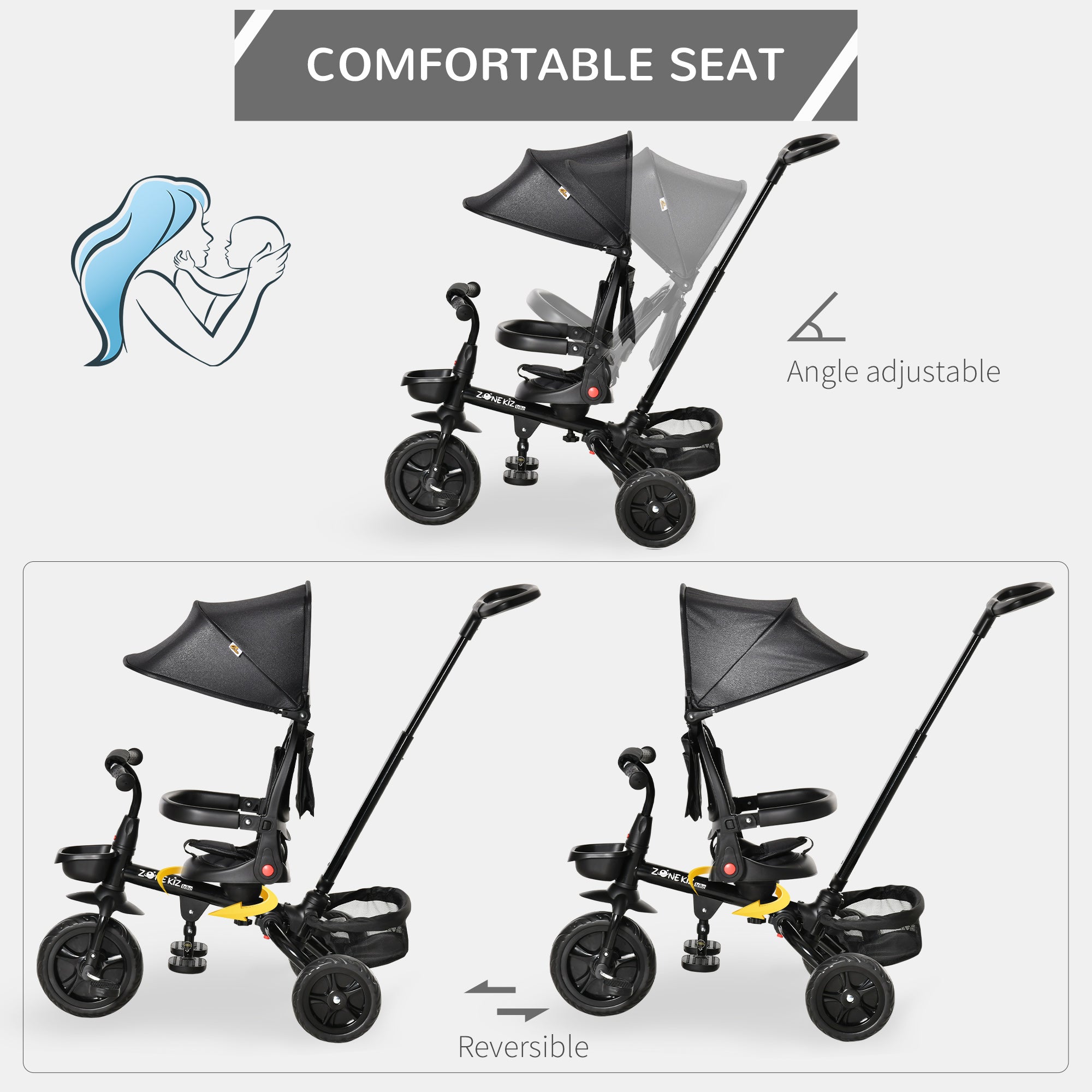 Aosom Qaba Versatile Trike: Baby Tricycle 4 In 1, Reversible Seat, Adjustable Removable Canopy, Handrail Belt, Black