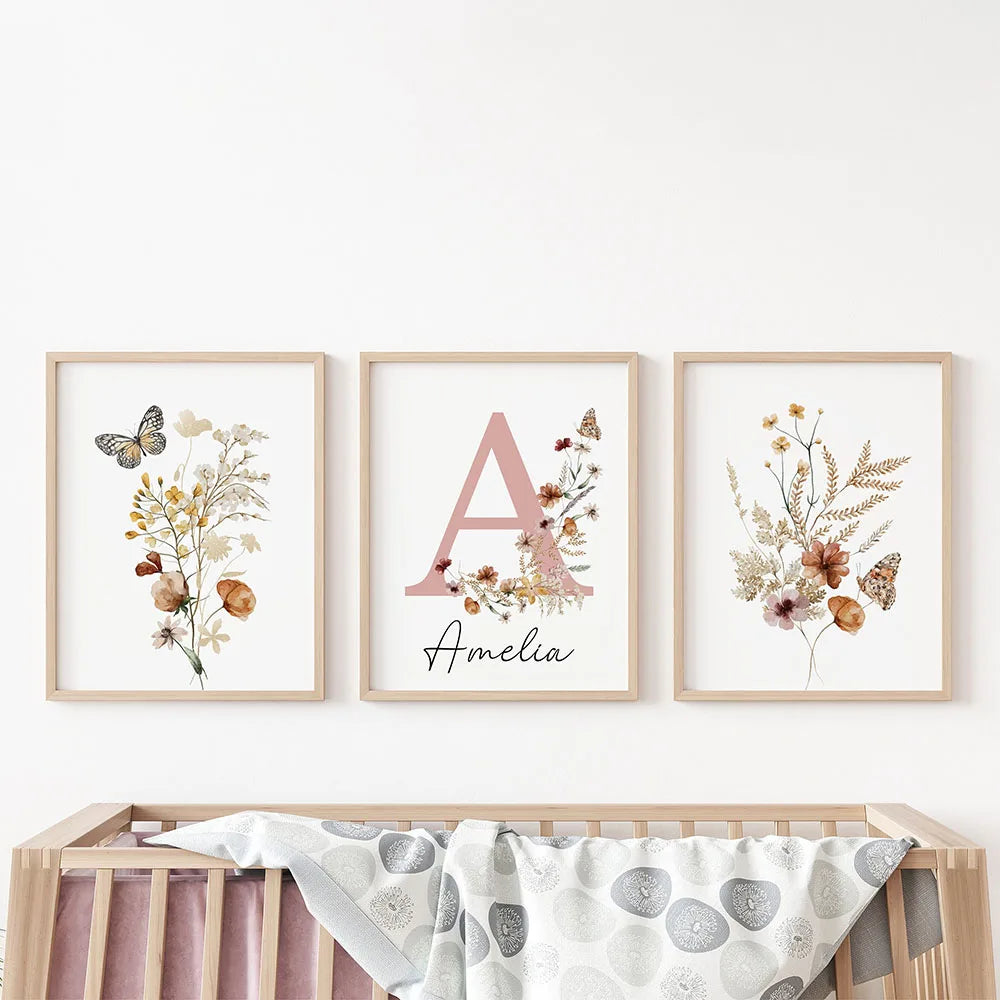 Personalized Wildflowers Canvas Print - Custom Boho Watercolor Flowers for Baby Girl Nursery, Name & Initial Sign