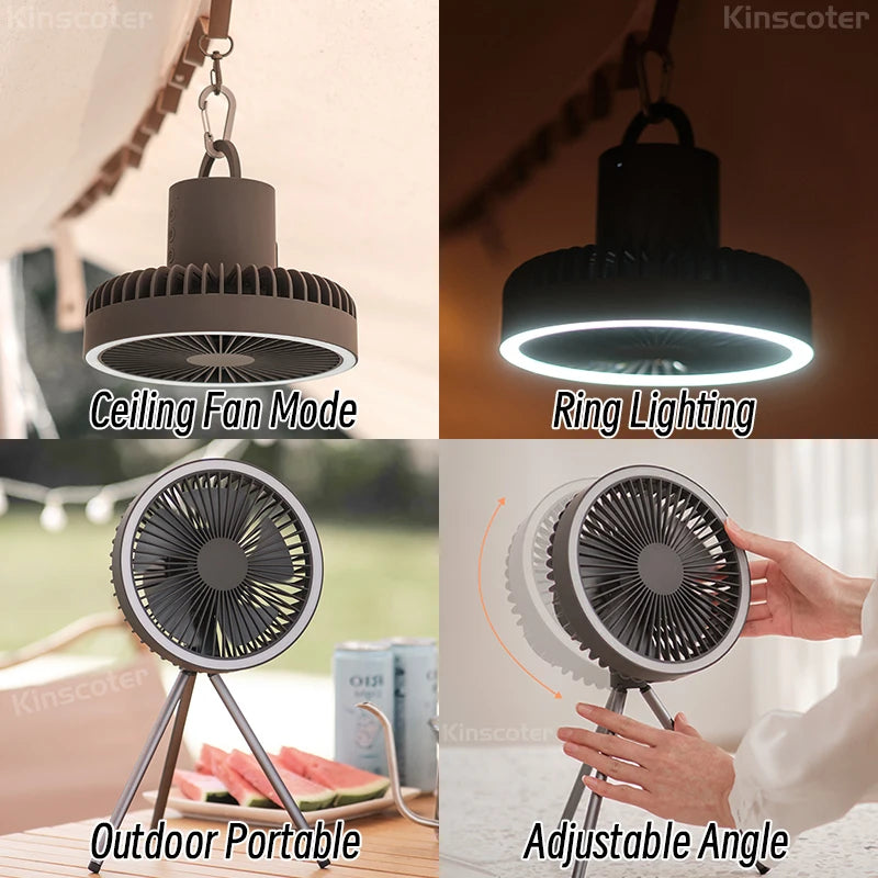 10,000mAh Rechargeable Camping Fan – Portable Desktop Air Circulator with Wireless Ceiling Function, Power Bank, & LED Lighting