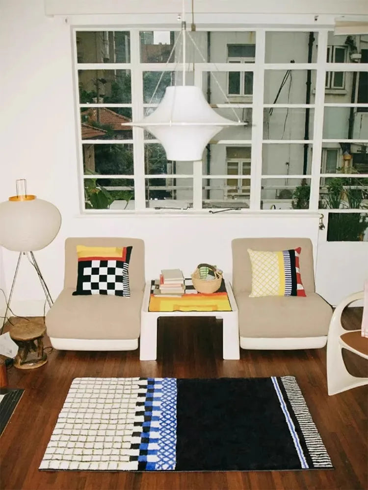 Retro Minimalist Bedroom Large Area Carpets Plaid Bedroom Bedside Carpet Comfortable Soft Balcony Rugs Plush Coffee Table Rug IG