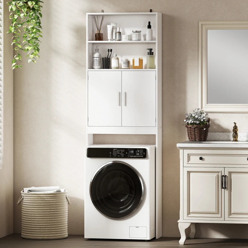 Over The Toilet Storage Cabinet, Freestanding 4-Tier Bathroom Organizer with Adjustable Shelf and 2 Doors, White