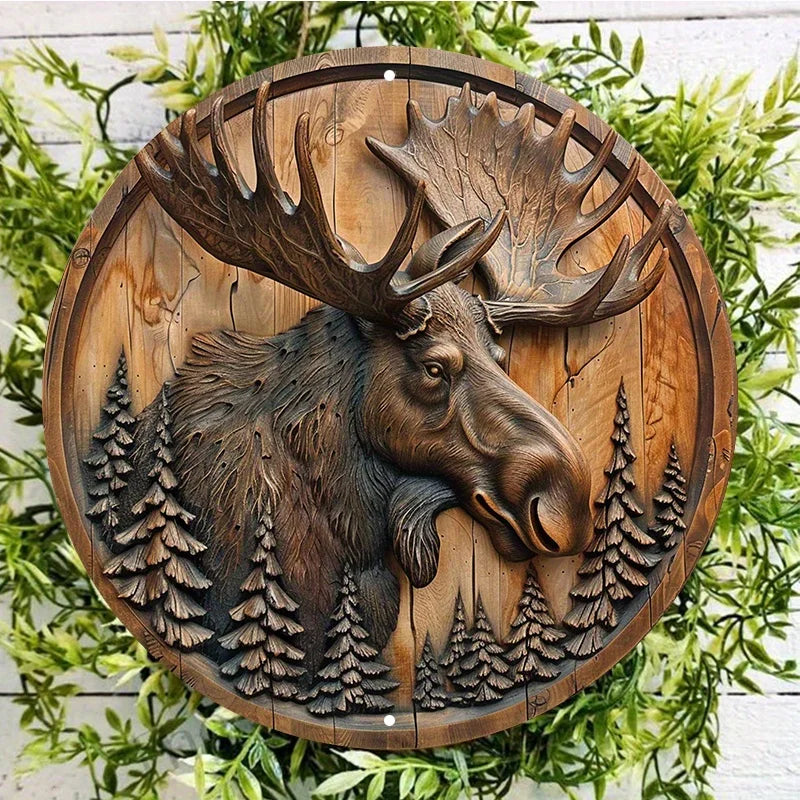 Moose and Pine Trees Circular Wood Carving Wall Decor - Waterproof Aluminum Metal Sign, Rustic Wreath for Indoor & Outdoor Use