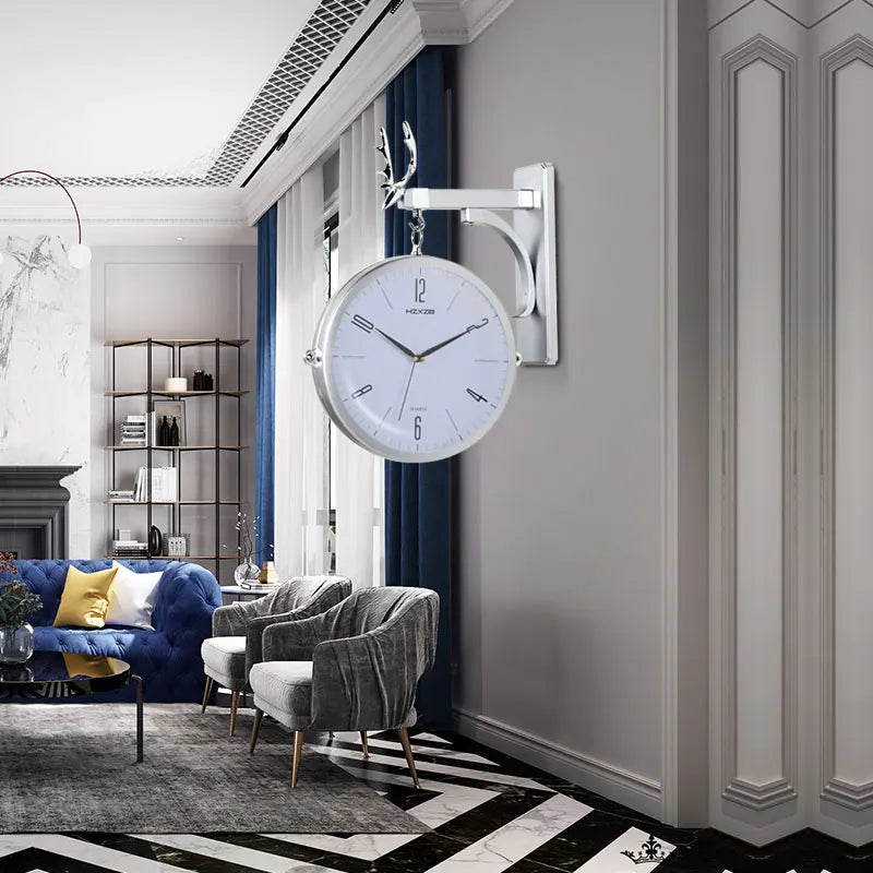 Double-Sided Round Wall Mount Station Clock – Vintage Retro, Double Face Metal Frame with Glass Dial Cover