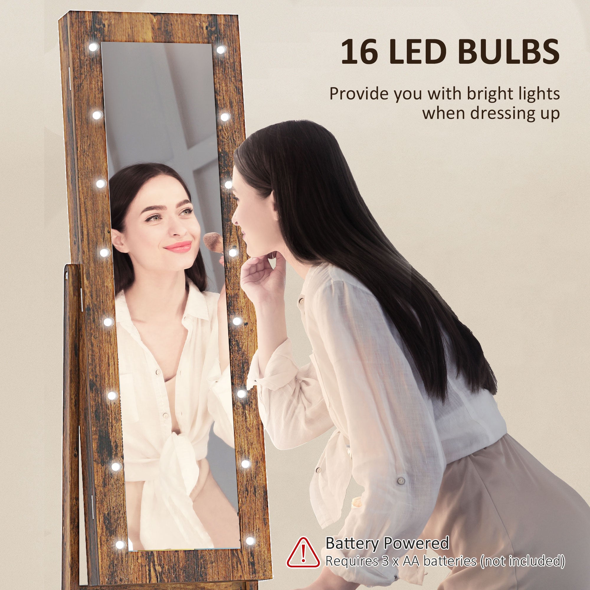 HOMCOM Freestanding Armoire Jewelry Cabinet Lighted Mirror Angle Adjustable 16 LED Lights Rustic Brown