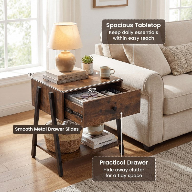 Set of 2 Industrial Nightstands with Drawer & Open Shelf, Rustic Brown Bedside Tables with Adjustable Foot Pads and Anti-Tip Hardware