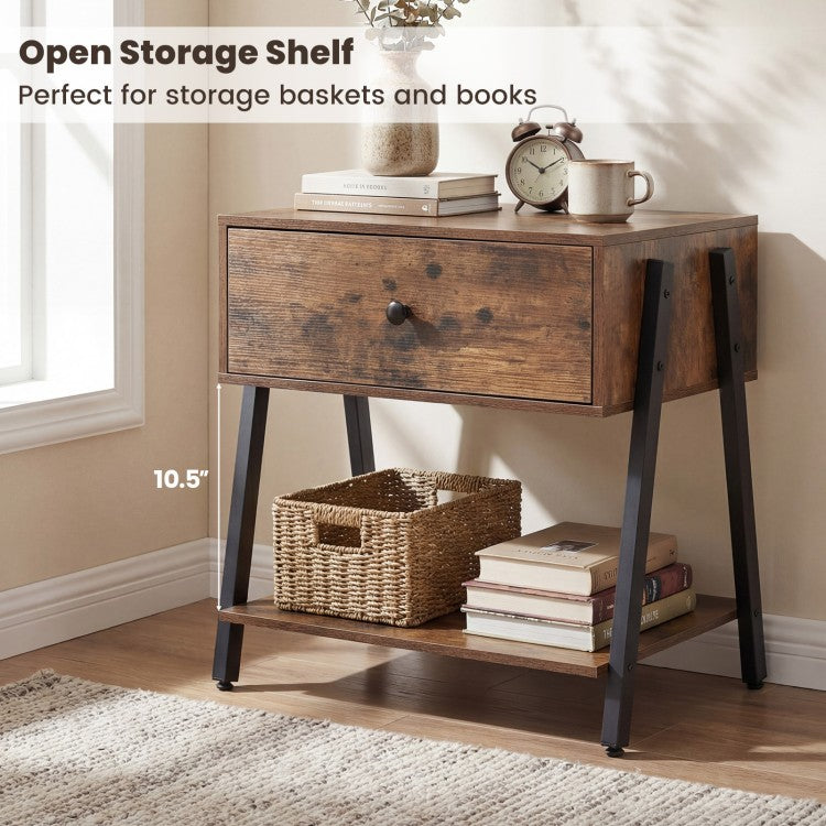 Set of 2 Industrial Nightstands with Drawer & Open Shelf, Rustic Brown Bedside Tables with Adjustable Foot Pads and Anti-Tip Hardware