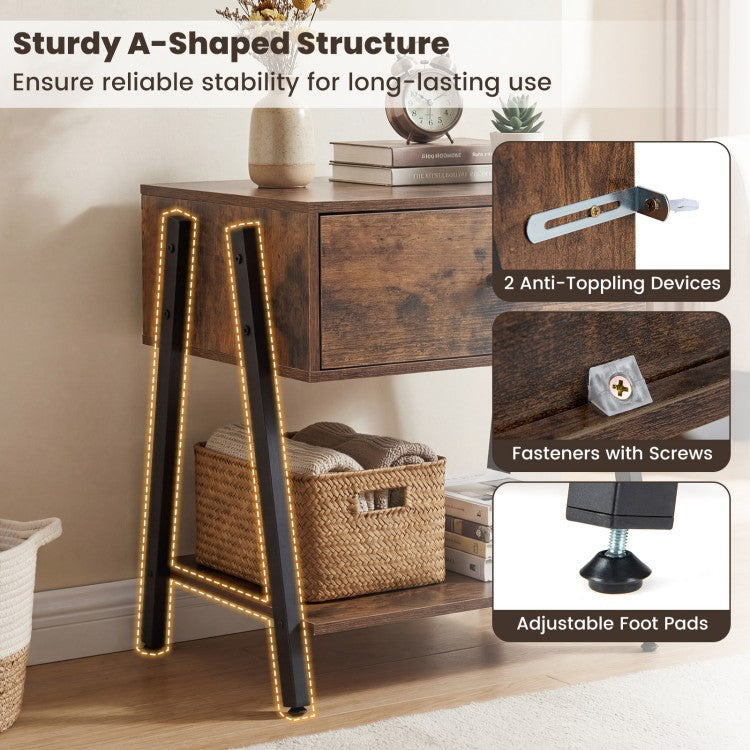 Set of 2 Industrial Nightstands with Drawer & Open Shelf, Rustic Brown Bedside Tables with Adjustable Foot Pads and Anti-Tip Hardware