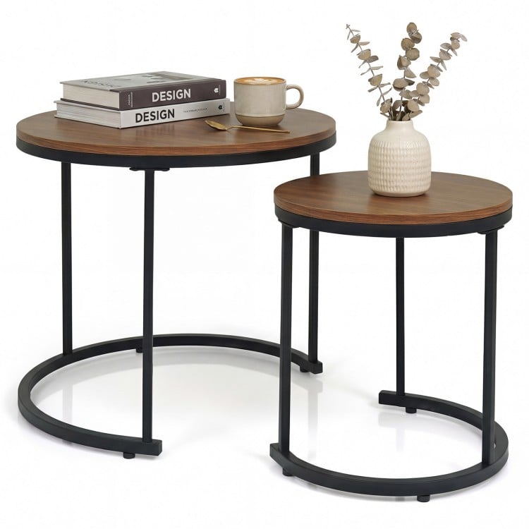 Set of 2 Modern Round Stacking Nesting Coffee Tables for Living Room-Light Brown