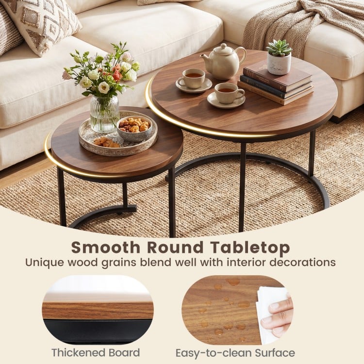 Set of 2 Modern Round Stacking Nesting Coffee Tables for Living Room-Light Brown