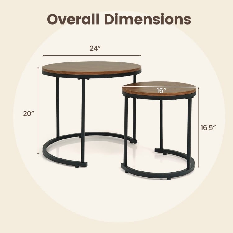 Set of 2 Modern Round Stacking Nesting Coffee Tables for Living Room-Light Brown