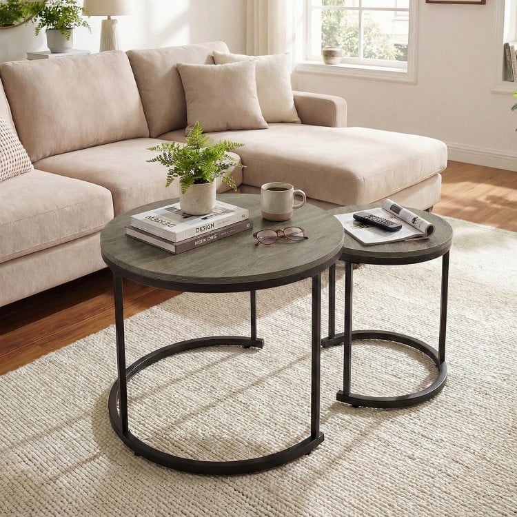 Set of 2 Modern Round Stacking Nesting Coffee Tables-Oak