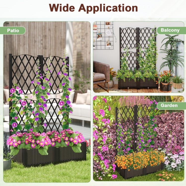 Set of 2 PE Rattan Raised Garden Bed with Trellis Planter Box for Climbing Plants-Rustic Brown