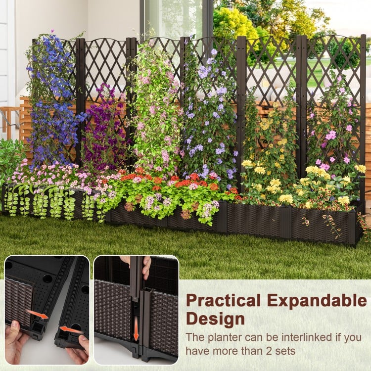 Set of 2 PE Rattan Raised Garden Bed with Trellis Planter Box for Climbing Plants-Rustic Brown